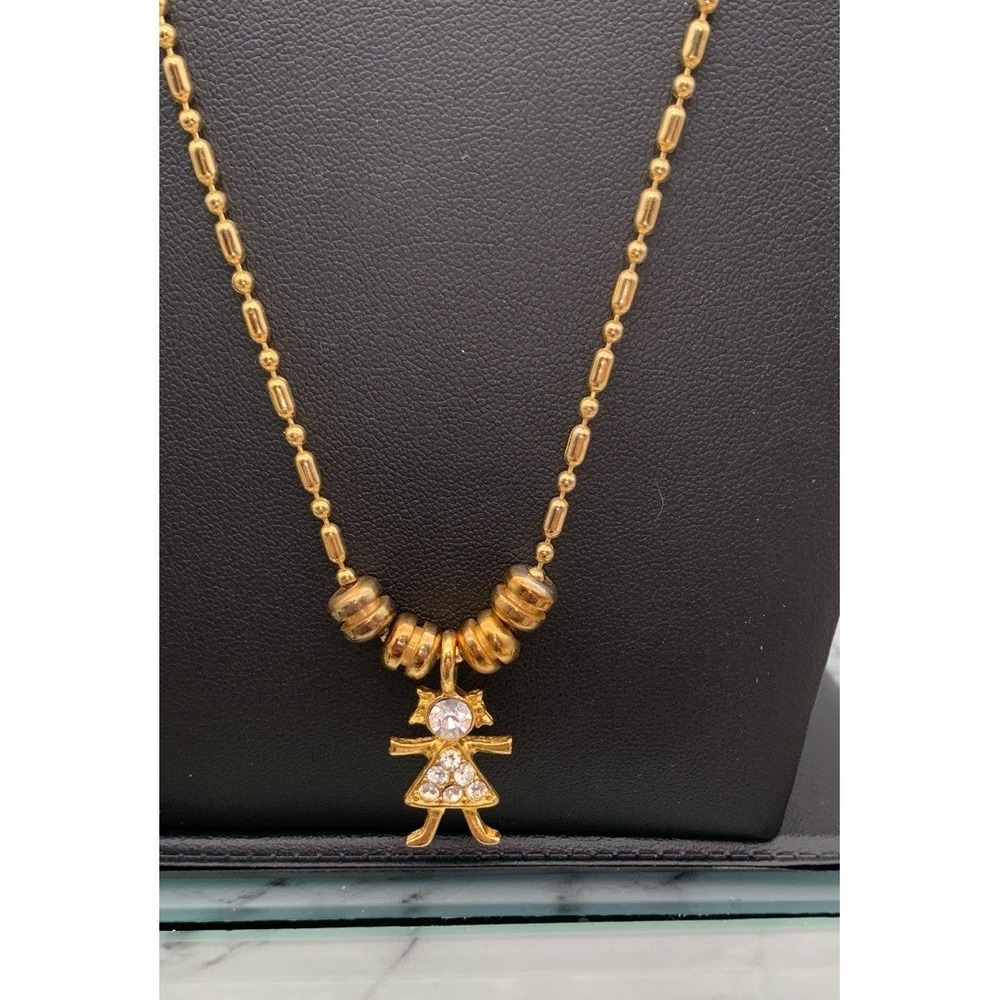KIS Birthstone Girl Charm, April / Clear Gold Tone Necklace‎ 24" Vintage